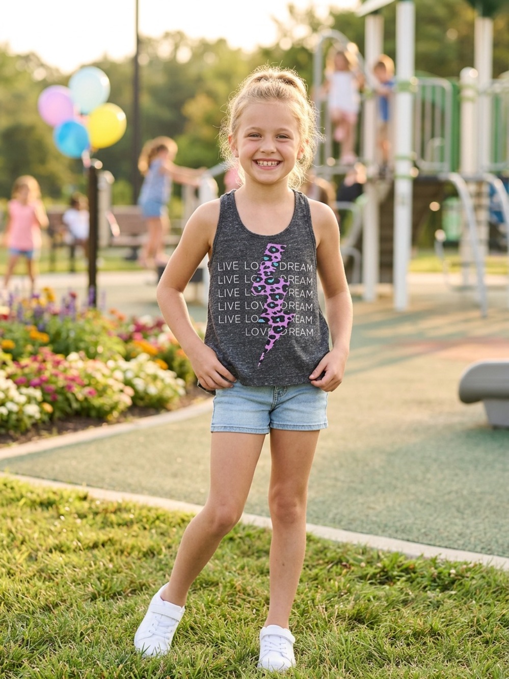 Girls' Dark Gray Graphic Tank Top with Pink Lightning Accent